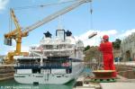 ID 1341 CLIPPER ODYSSEY (1989/5218grt/IMO 8800195, ex-OCEANIC GRACE, OCEANIC ODYSSEY. Renamed SILVER DISCOVERER, LA BELLE DES OCEANS) about to be floated out of the then Babcock NZ drydock, Auckland, NZ. The...